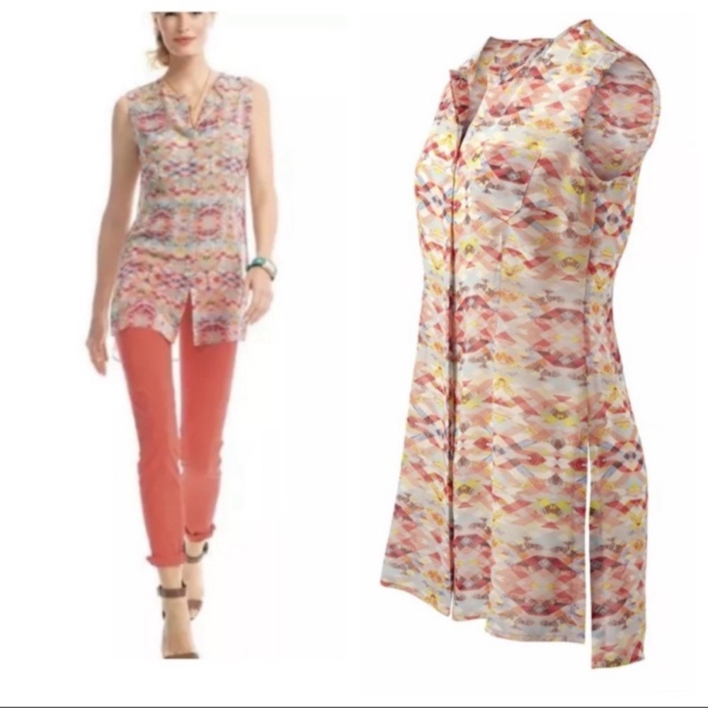 CAbi‎ Tunic Sleeveless Sheer Southwestern Print Blouse Women’s Sz Medium #760